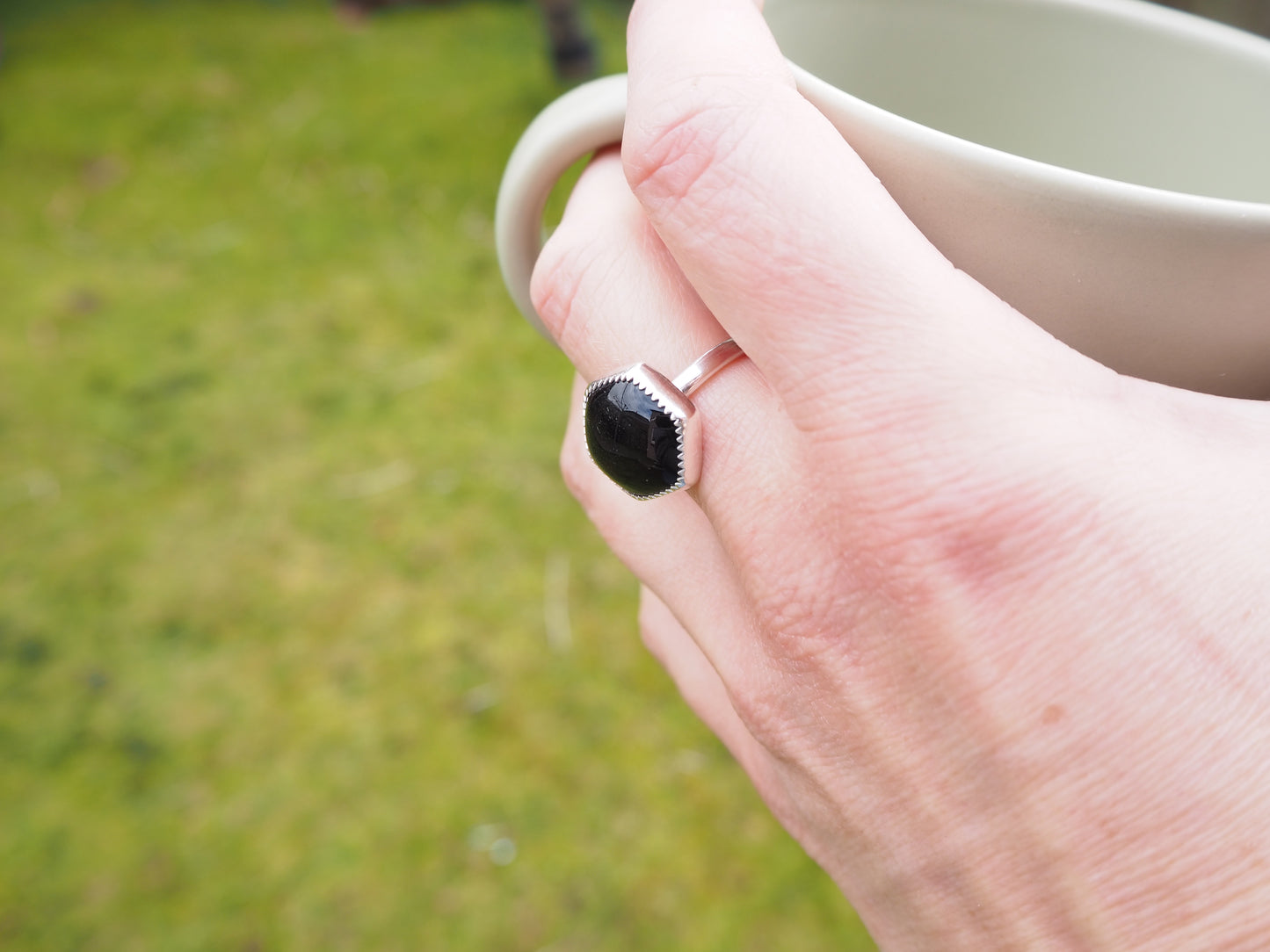 OBSIDIAN HEXAGON RING - BLACK GOLD SHEEN OBSIDIAN GEMSTONE RING IN STERLING SILVER SIZE UK O