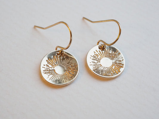 GOLD DISC SUNBURST EARRINGS HAND STAMPED