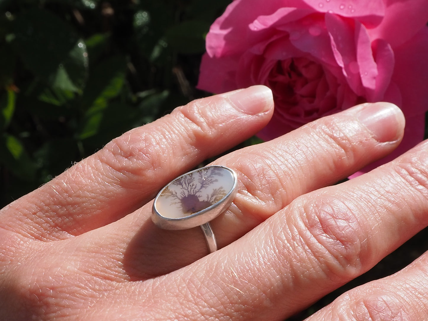 DENDRITIC AGATE STERLING SILVER RING SIZE UK M1/2