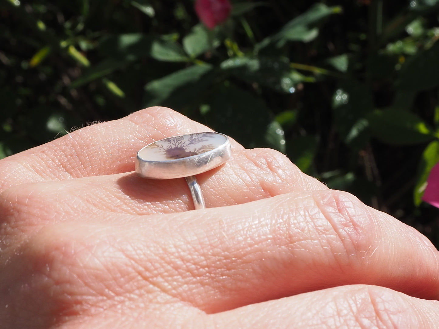 DENDRITIC AGATE STERLING SILVER RING SIZE UK M1/2