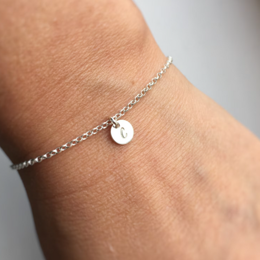 SILVER INITIAL BRACELET TINY DISCS