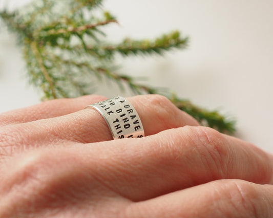 Silver ring - wide band - personalised - handstamped