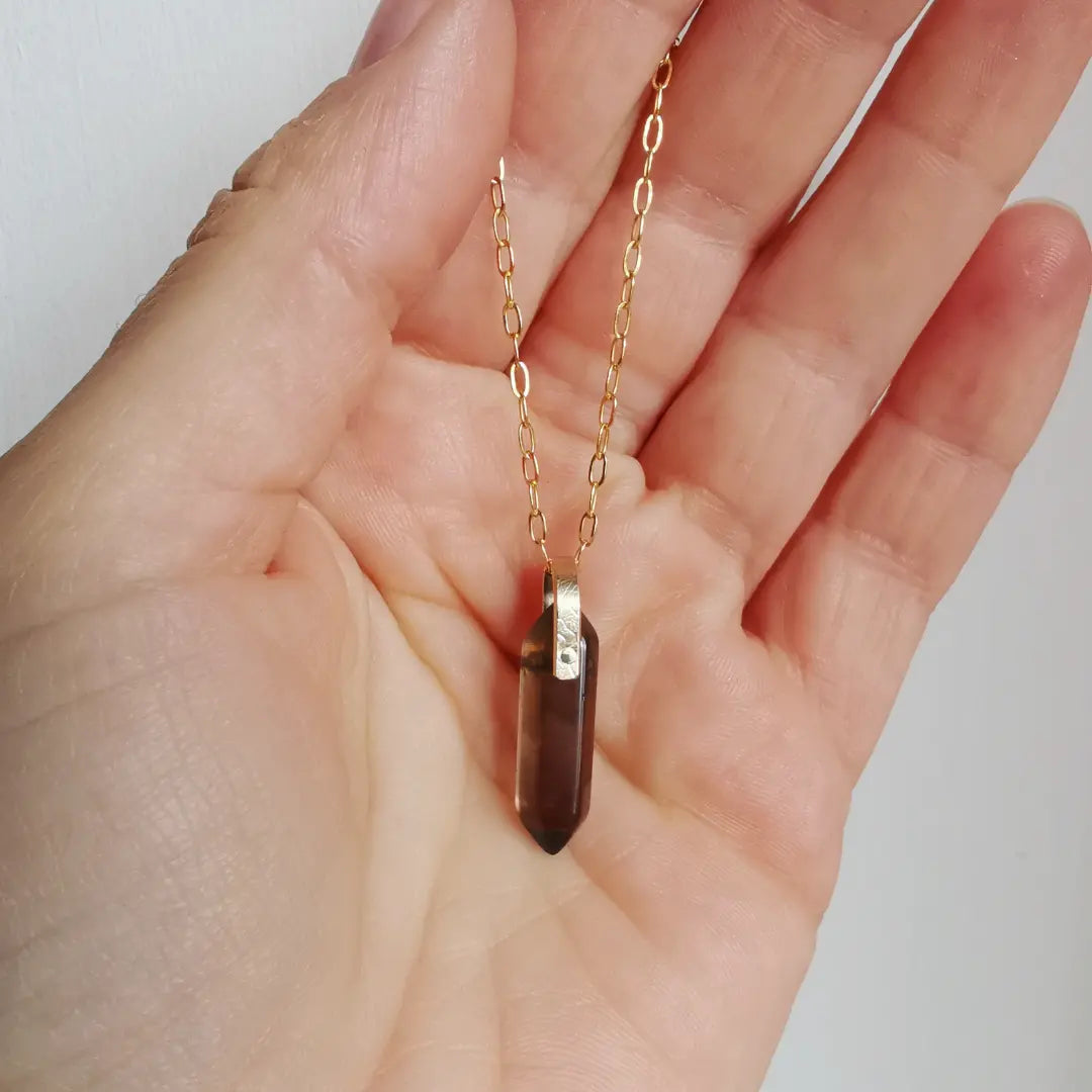 SMOKEY QUARTZ POINT GOLD FILLED GEMSTONE NECKLACE